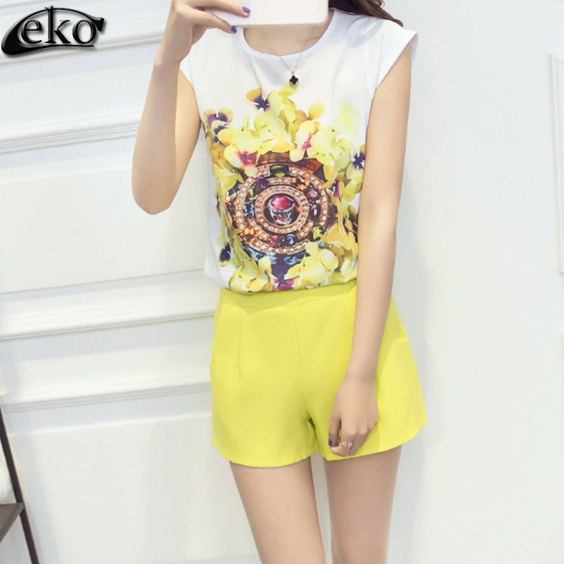 New Fashion Suit For Women Summer 2 Piece Clothing Set Casual Printed Chiffon Tops And Shorts 2 Piece Set For Women Sets T200325