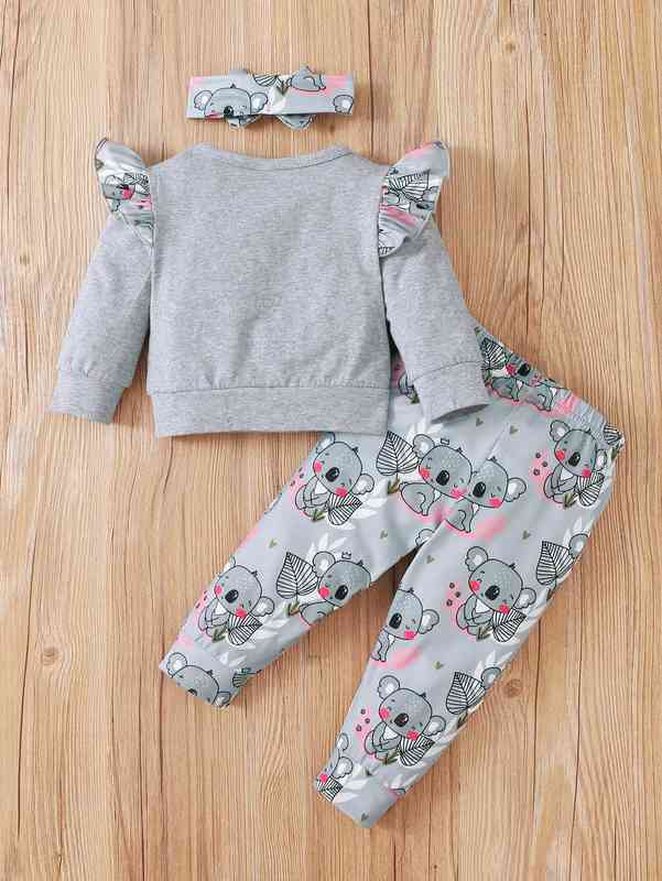 Baby Koala And Floral Print Ruffle Trim Pullover & Sweatpants With Headband SHE
