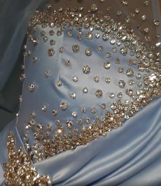 Aso Ebi 2020 Arabic Crystals Mermaid Sexy Evening Dresses Deep V-neck Prom Dresses Satin Formal Party Second Reception Gowns ZJ663