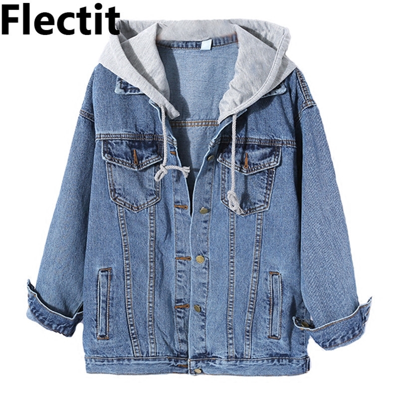Flectit Women Jean Jacket Hooded Denim Jacket with Removable Grey Hood Oversized Jacket Coat Harajuku Street Styel 201017