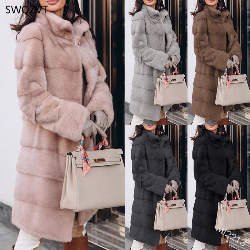 SWQZVT Warm Solid Color Women Parkas Fashion Long-Sleeved Stand Collar Fur Stitching Long Ladies Coat Winter Jacket 201125