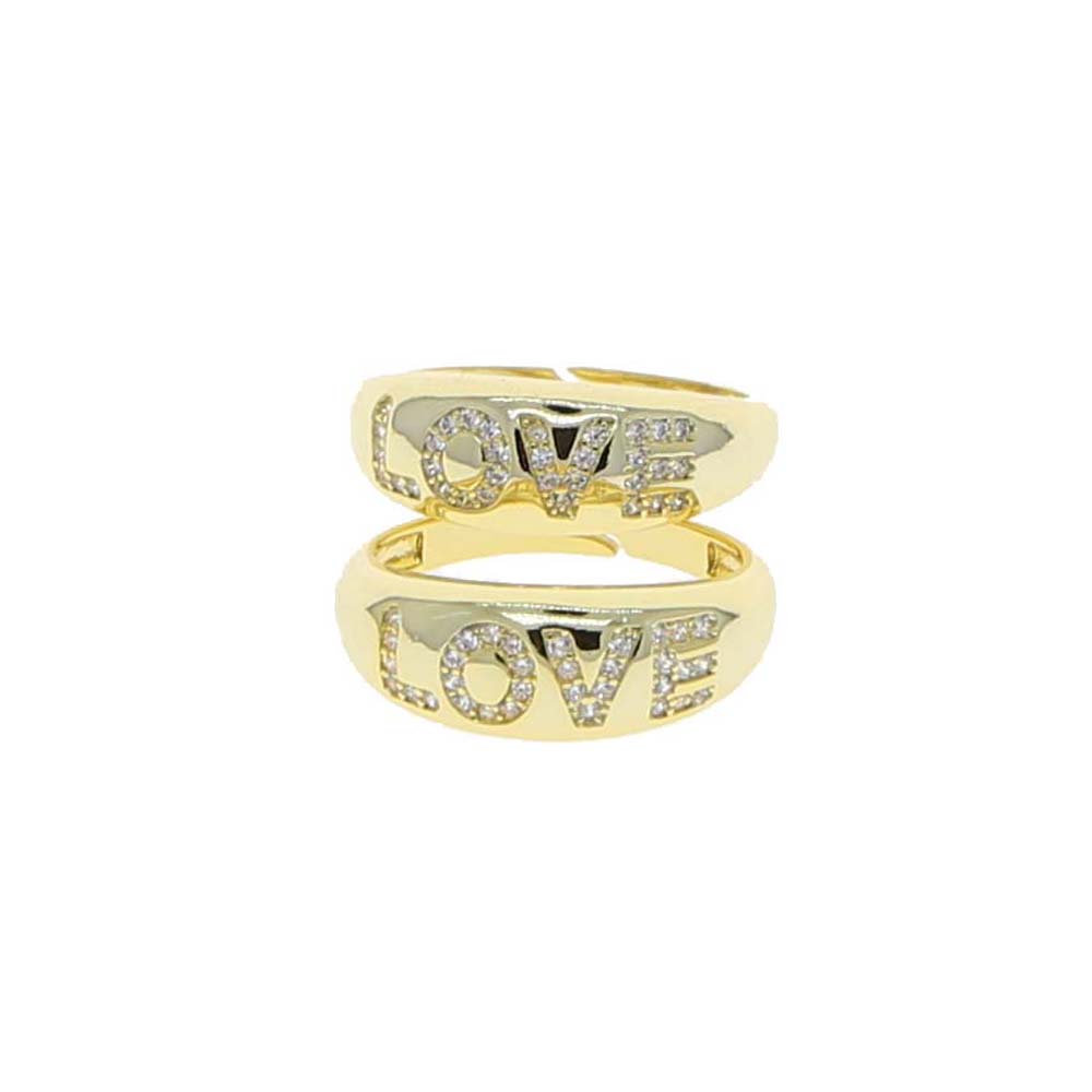 Wide Band Gold Color Wedding Ring with Cz Paved Letter Love Engraved Wholesale Women Open Band Finger Ring Adjustable Size