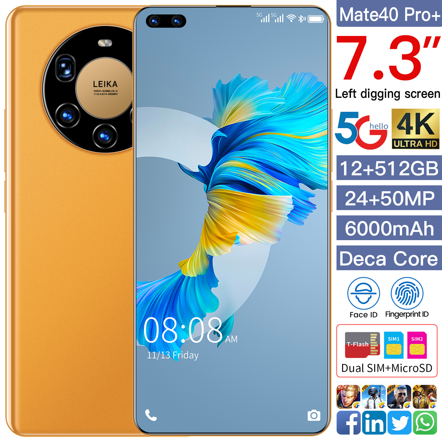 M40Pro Smartphone 12+512GB Phone Android 10.0 Celulares Deca Core HD Camera 7.3" Telephone 8000mAh Global Version 4G 5G Mobile 32MP+64MP Cell Phones Face Unlock, Yellow 
M40Pro Smartphone 12+512GB Phone Android 10.0 Celulares Deca Core HD Camera 7.3" Telephone 8000mAh Global Version 4G 5G Mobile 32MP+64MP Cell Phones Face Unlock, Yellow