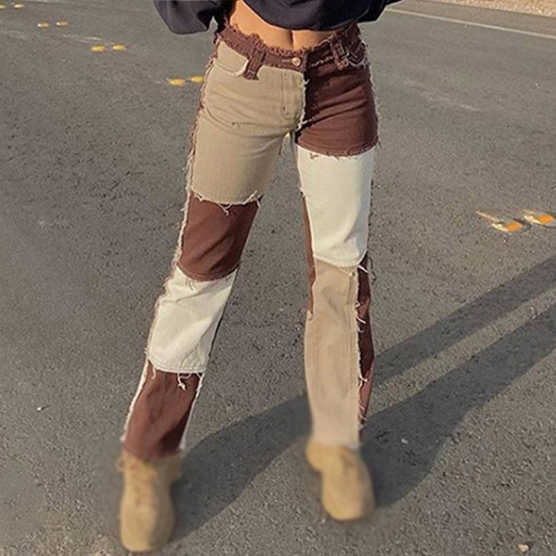 Autumn Patch Trousers Straight Women's Jeans Plaid Denim Patchwork High Waist Pocket Female Pants Streetwear Fashion Lady Bottom 201109