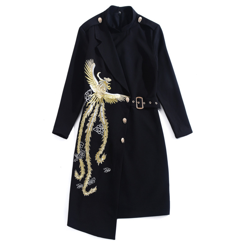 [EWQ] 2020 Autumn New Long-sleeved Embroidery Loose Casual Ladies Robe Korean Style Women Black Irregular Shirt Dress LJ201202