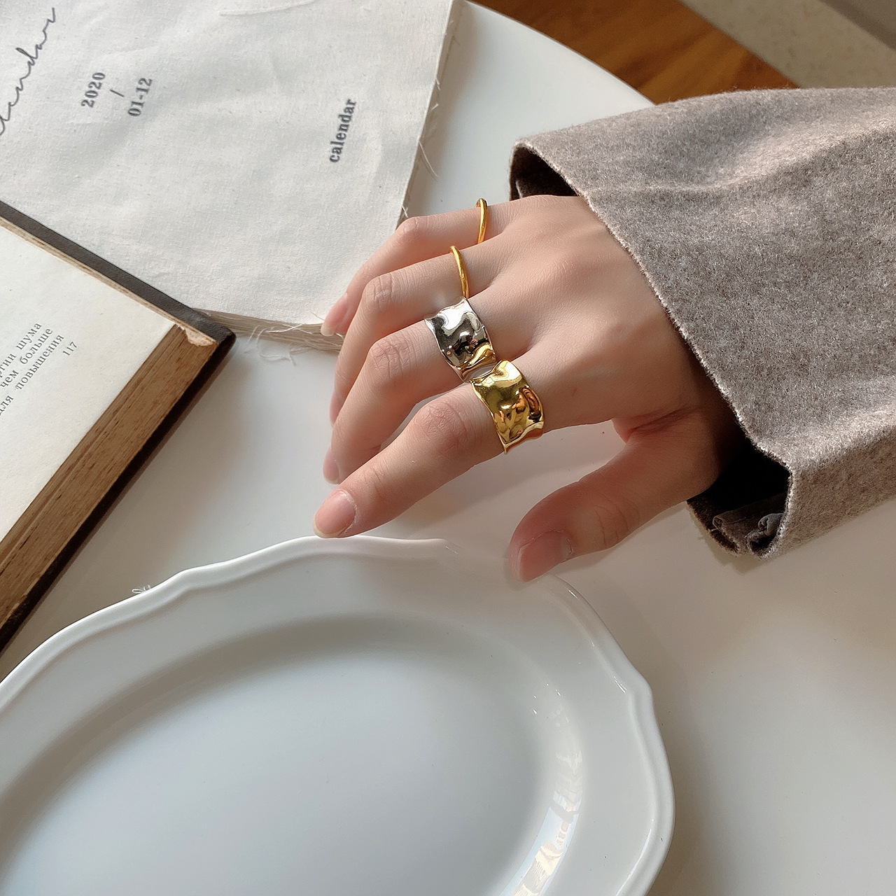 New minimalism 925 sterling silver handmade vintage jewelry American European designer irregular shape adjustable rings gold rhodium color
