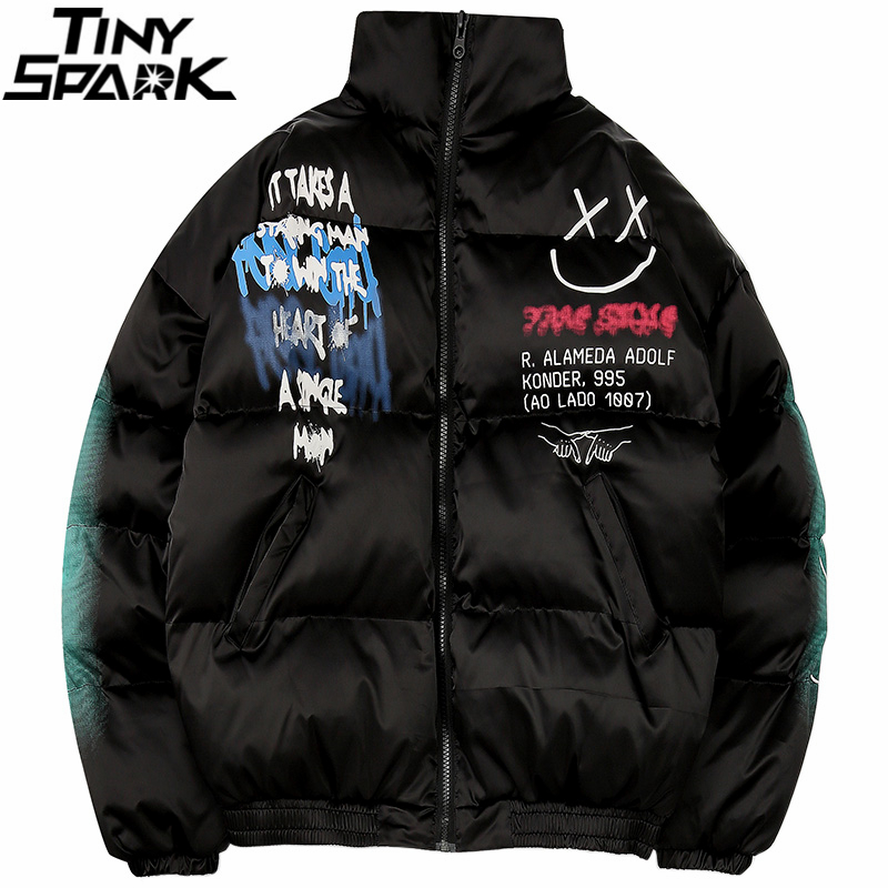 Hip Hop Jacket Parka Happy Graffiti Print Men Windbreaker Streetwear Harajuku Winter Padded Jacket Coat Warm Outwear Thick 201026