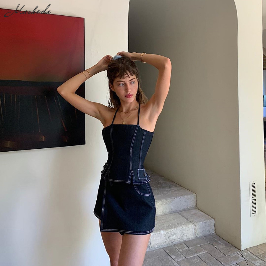 Macheda 2 Piece Set Summer Women Clothes Outfits Sexy Back Hollow Out Lace Up Crop Top And Short Skirts Casual Lady Suit T200325