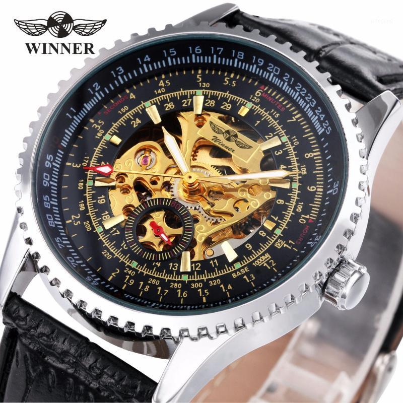 Wristwatches WINNER Men Fashion Mechanical Wristwatch Leather Strap Transparent Dial Skeleton Movement Top Design Watch + BOX1, Black
