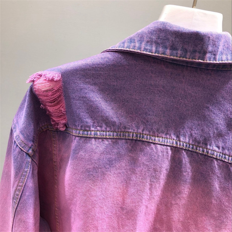 Autumn New Women Basic Coats Vintage Bomber Jacket Long Sleeve Casual Female Holes Jeans Coat Casacos Feminino Outwear M171 201106