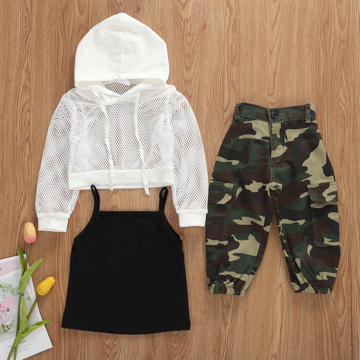 3Pcs/Set Toddler Baby Girl Mesh Coat Vest Halter Tube Crop Top Camouflage Cargo Pants Summer Clothes 1-6YX1019