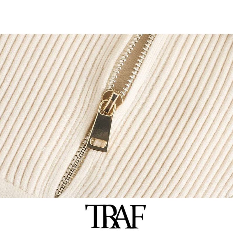 TRAF Women Fashion Ribbed Trim Loose Knitted Zip-up Sweaters Vintage High Collar Long Sleeve Female Pullovers Chic Tops 201128