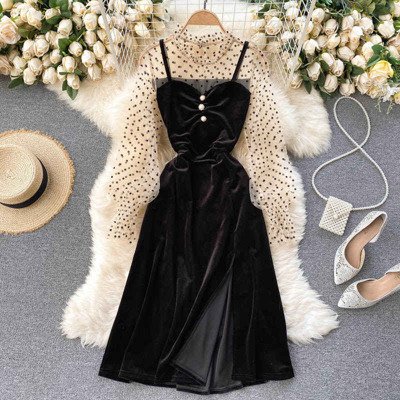 2021 New Vintage velvet feminine design splice dot mesh puff neck autumn sweet a-line dress 8IFX, Apricot
2021 New Vintage velvet feminine design splice dot mesh puff neck autumn sweet a-line dress 8IFX, Apricot