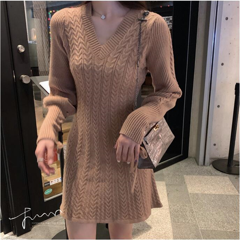 Elegant Lace-up Lantern Sleeve A-line Knitted Dress Temperament V Neck Twist Pattern Sweater Dress Women Autumn Winter Dress 201030