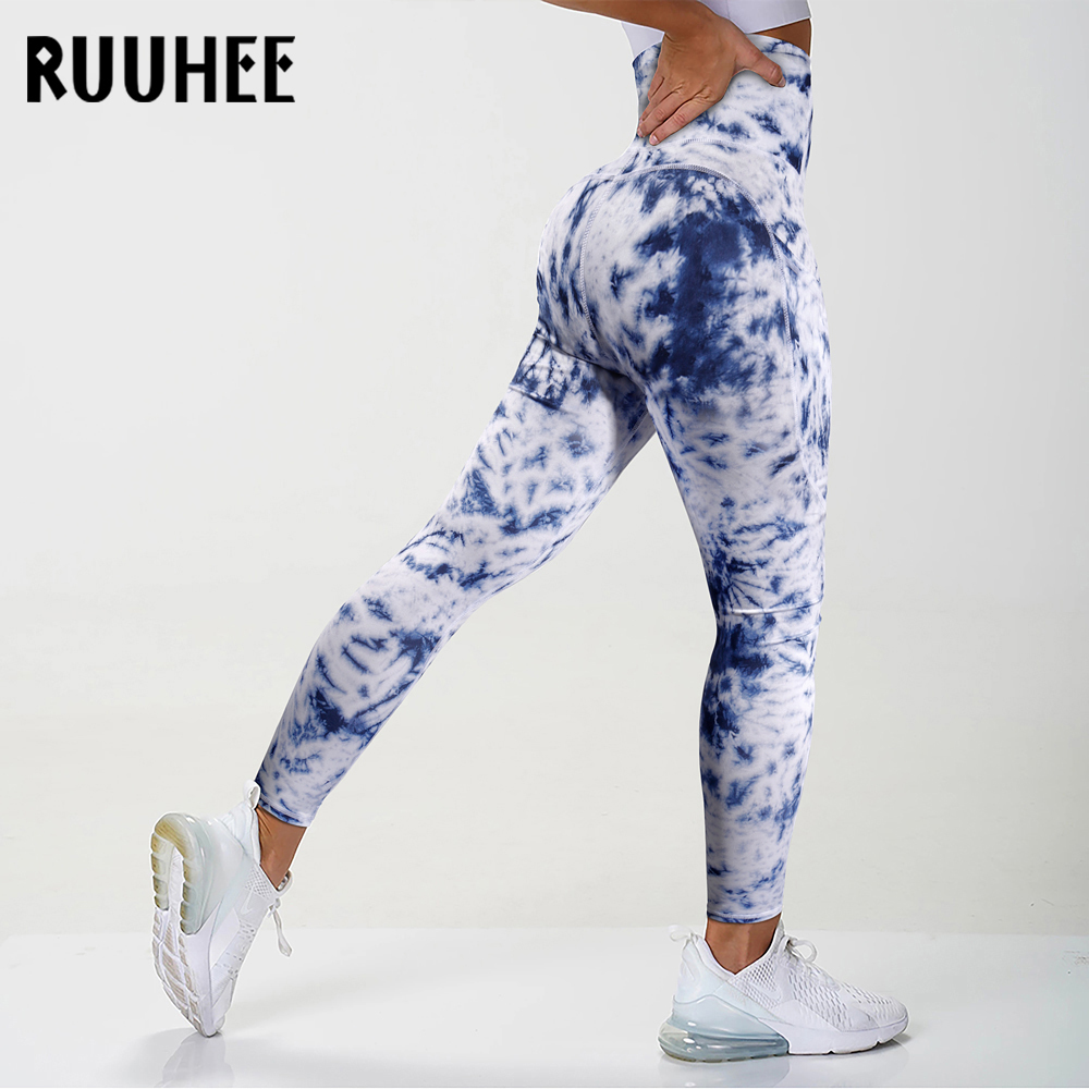 RUUHEE Tie Dye Tight Leggings Sports Women Fitness with Pocket Yoga Pants Stretch Workout Leggings Patchwork Slim Gym Leggings 201202