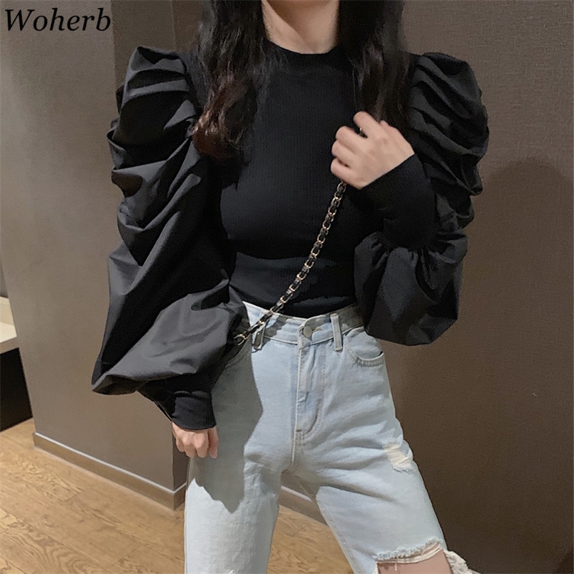 Woherb Korean Fashion Black Pullovers Half Turtleneck Long Puff Sleeve Jumpers Solid Patchwork Slim Sweater Women Autumn New 201223