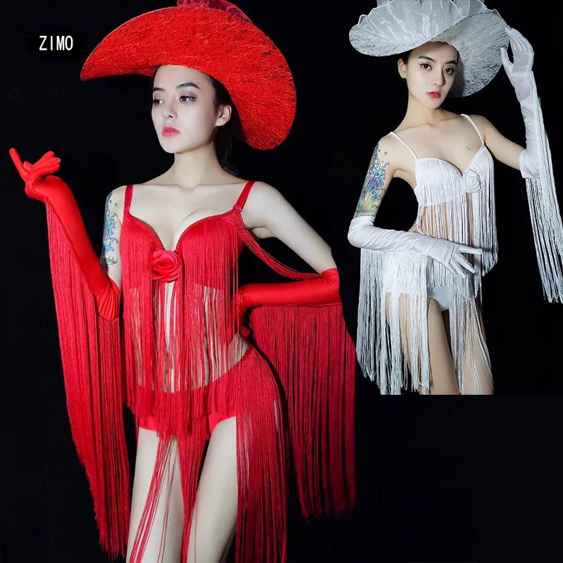 

women Gogo costume bar bikini sexy lead dance hat DS performance singer dj red white tassel carnival outfits fringe drag queen, 6543