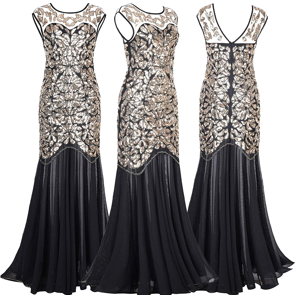 Black Gold Sequins Beading Long Evening Dresses Gorgeous Formal Round Neck Lace Long Sexy Red Women Party Special Occasion 201114