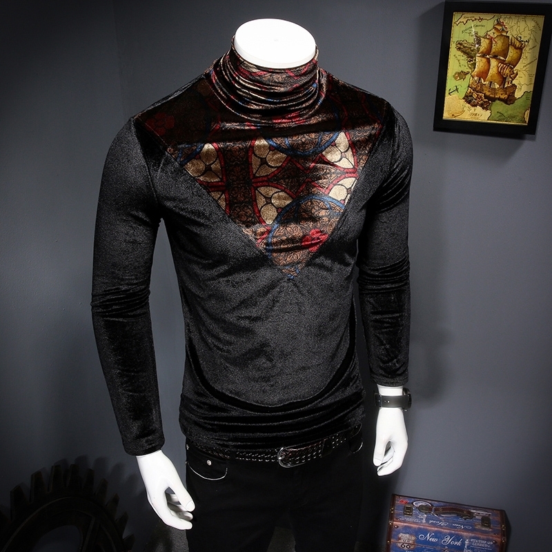 Autumn Winter Velvet Tops Male Slim Fit Turtleneck T-Shirts Long Sleeve Tee M-4XL Royal T Shirt Men 201202