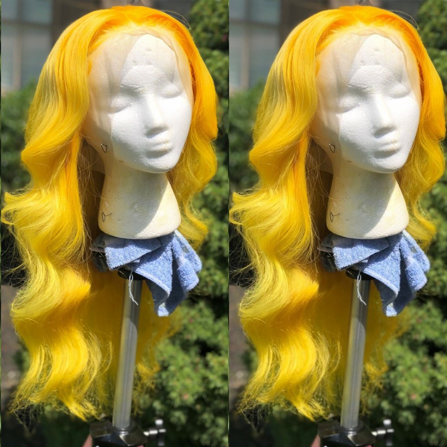 Free Part Yellow color Long wavy Wigs for White Women new natural soft Synthetic Lace Front Wigs Cosplay Party