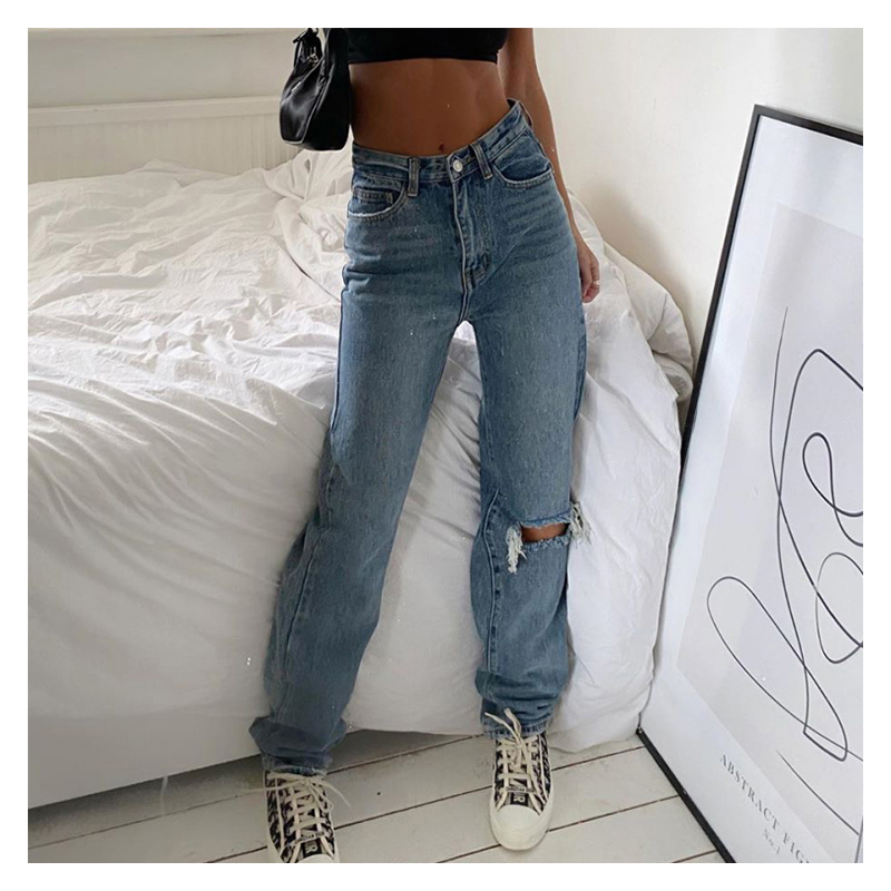 Ripped For Cargo Pants Women Mom Jean High Waist Fashion Holes Thin Women's Baggy Jeans Long Denim Trousers 201105