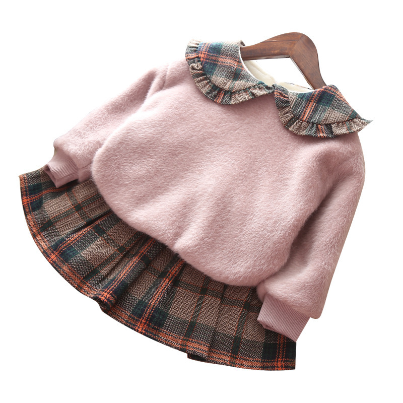 New Baby Winter Autumn Girl Garment Plaid Plush Long Sleeve Sweater Pullover Skirt Two Piece Children Clothing Suit Outwear SuitX1019
