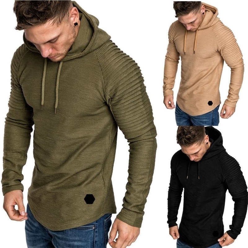 Trendy Mens Hoodies Solid Color Hooded Slim Sweatshirt Striped pleated raglan sleeves Male Streetwear Casual sweatshirt Coat 201020