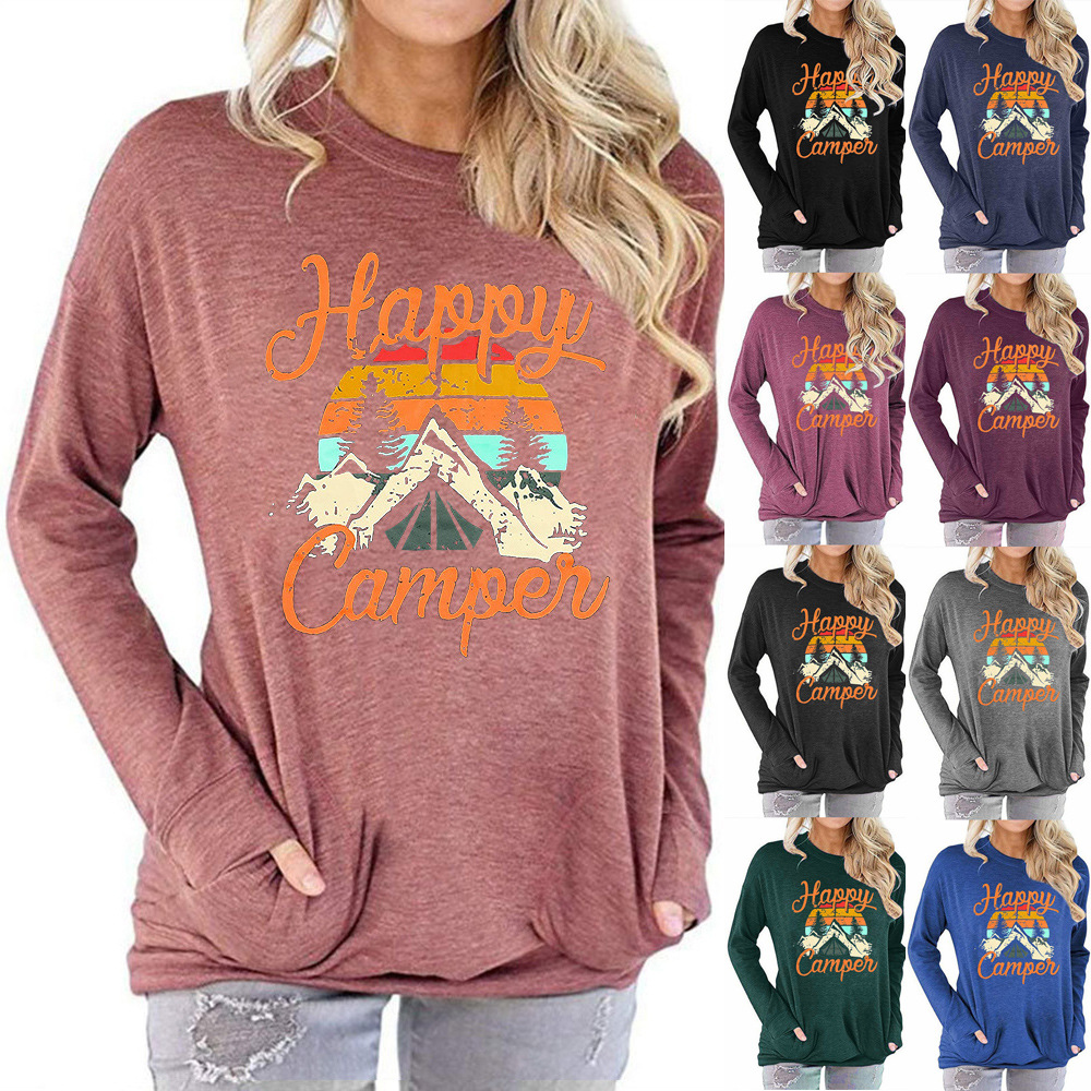 Women Designer Happy Camp Print Sweatshirts Autumn Winter Woman Long Sleeve Round Neck Sweatshirt Tops womens Pullover Hooded T-Shirts S-2XL