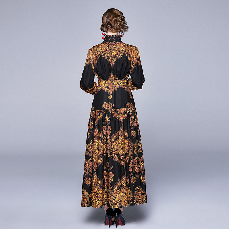 Banulin Autumn Runway Winter Long Dresses Women Lantern Sleeve Vintage Floral Print Casual Maxi Dress Robe Longue Femme ete 201029