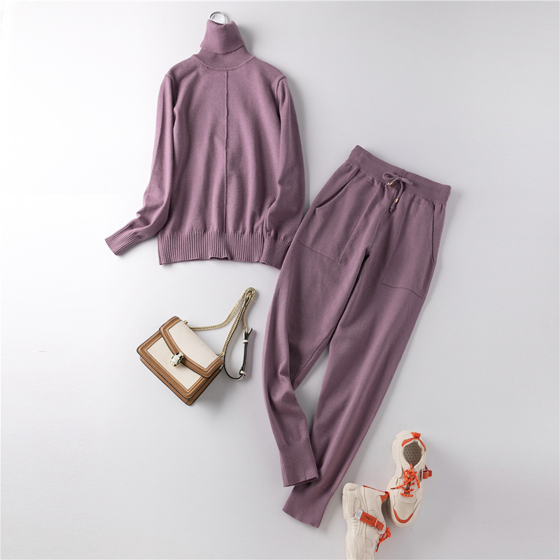Women Knitted Tracksuit Turtleneck Sweater 2 Pieces Set Autumn Winter Pullovers Vertical Line And Elastic Feet Pants Suit Femme 201119
