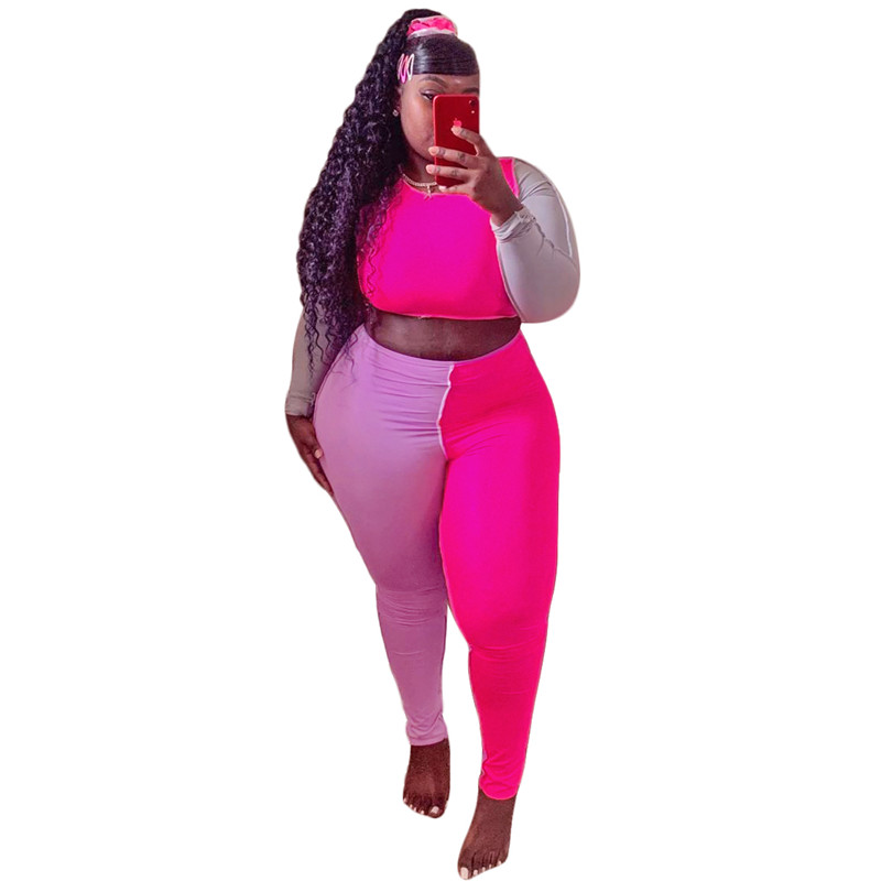 new Plus size 3X 4X Women fall winter designer bigger size clothing two piece set panelled outfits long sleeve sweatshirt crop top+pants 3957