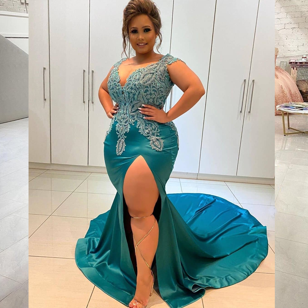Plus Stylish Lace Size Mermaid Prom Dresses Deep V Neck Beaded Side Split Evening Gowns Sweep Train Satin Formal Dress