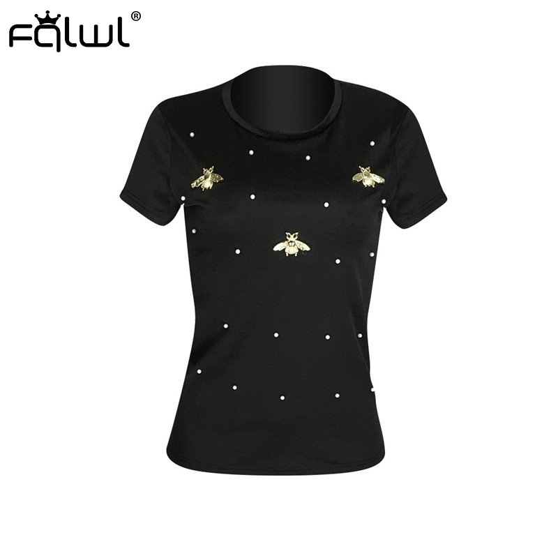 FQLWL Plus Size Women Short Sleeve Pearl Beading Tshirt Ladies Tee Tops Summer Solid Weekend Casual Fit Round Neck Basic T Shirt T200516