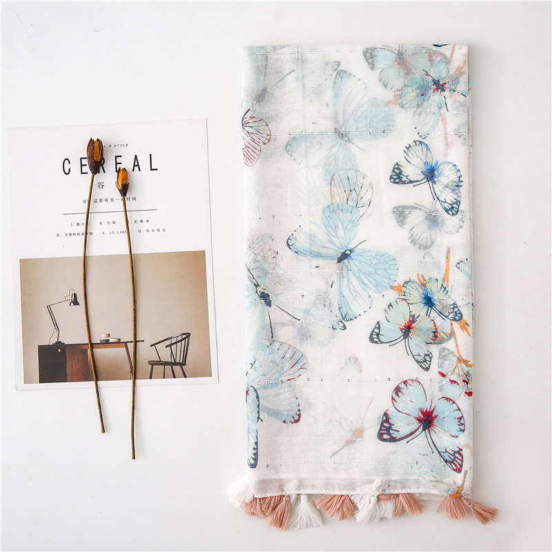 spring summer and autumn new butterfly sequins printed cotton and linen air conditioning sunscreen shawl scarf dualuse
