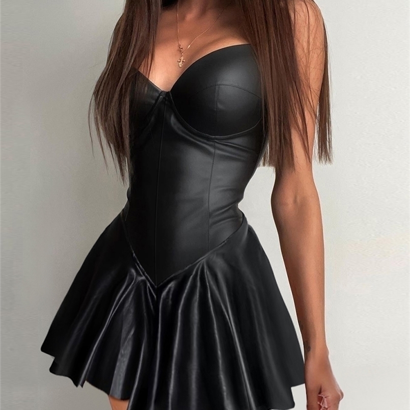 Women PU Leather Spaghetti Strap Eyelet Lace Up Pleated Dress Party Sexy Plunge Cami Skinny 220311