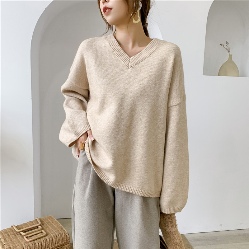 EAM Gray Big Size Knitting Sweater Loose Fit V-Neck Long Sleeve Women Pullovers Fashion Autumn Winter 1Y198 201130