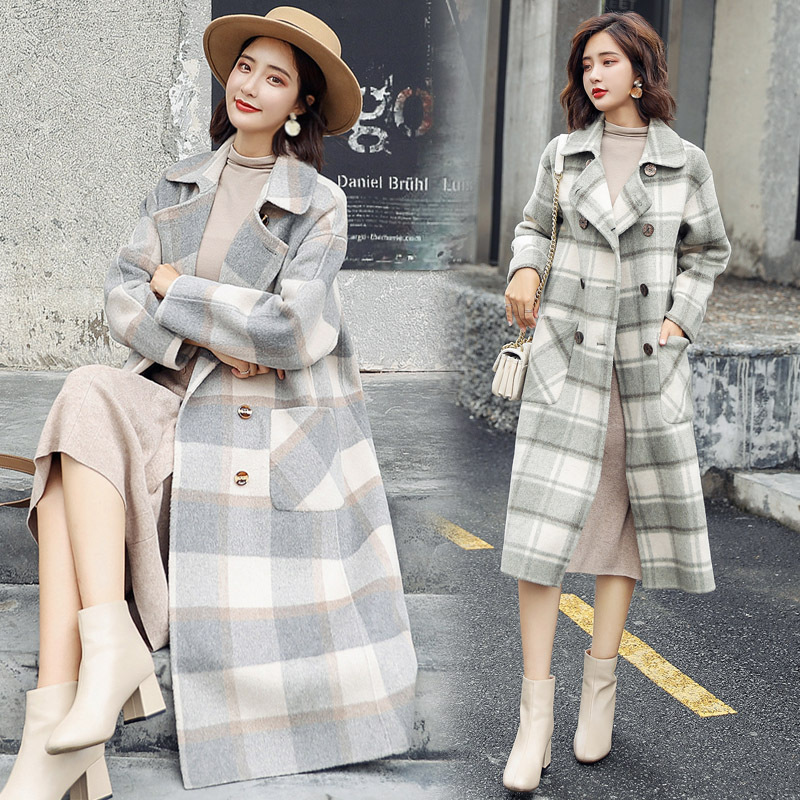 Sweet Plaid Long Coat for Women Wide-waisted Wool Coat and Jacket Turn-down Collar Pockets Women Clothes 201103