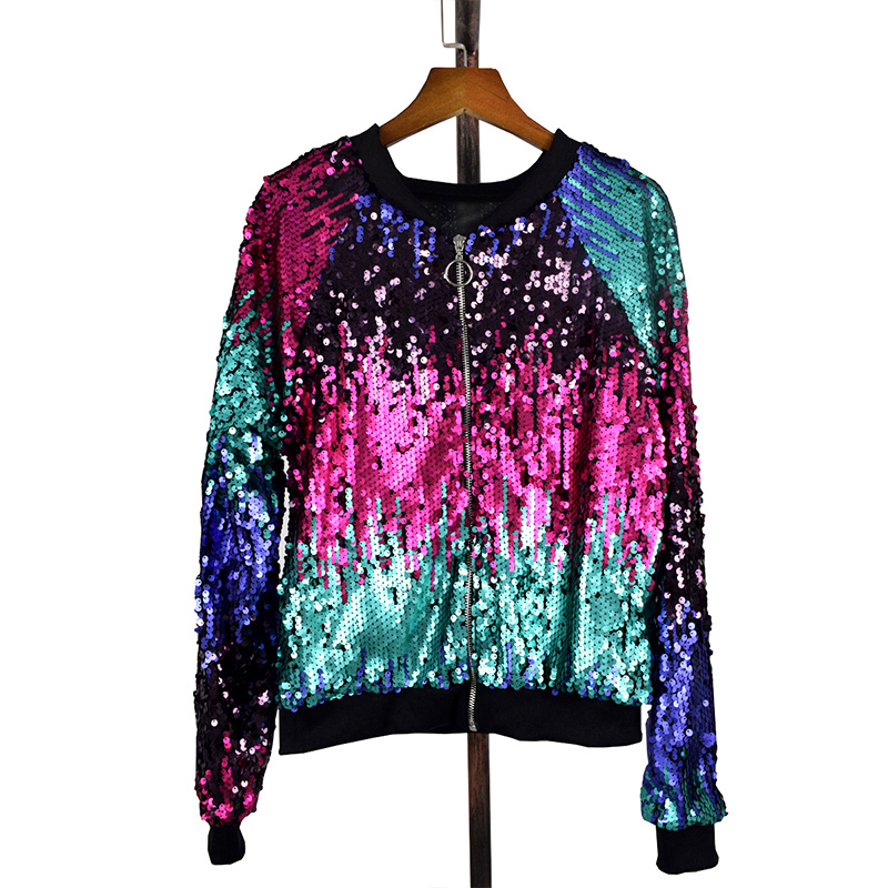 Ladies Autumn Sequin Bomber Jacket Casual Long Sleeve Front Zip Up Casual Coat with Ribbed Cuffs Party Festival Costumes 201017