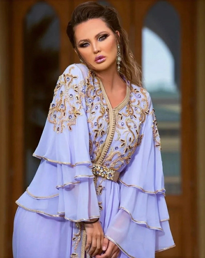 Modern Chiffon Moroccan Kaftan Evening Dresses Luxury Crystals Beaded V-Neck A Line Formal Event Gowns Puffy Sleeve Arabic Duba Special Occasion Dress