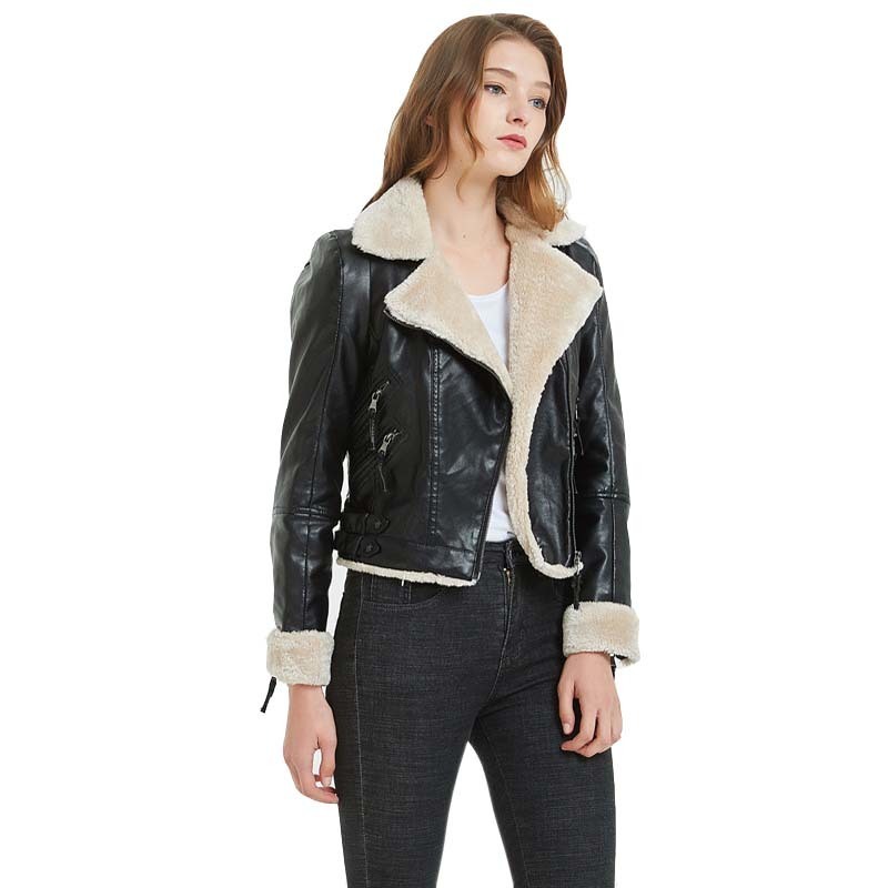 Fall Winter Cropped Sherpa Faux Leather Biker Jacket for Women Faux Fur Lined Punk Rock Ladies Black PU Leather Jacket 201030