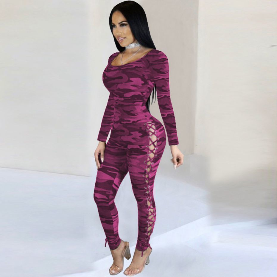 HAOYUAN Sexy Camouflage Jumpsuits One Piece Outfit Bodycon Bandage Costumes Overall Long Sleeve Body Rompers Womens Jumpsuit T200509