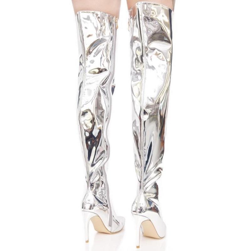 Women Thigh High Boots Autumn Winter Patent Leather High Heels Ladies Shoes Black Pointed Toe Stiletto Over The Knee Long Boots