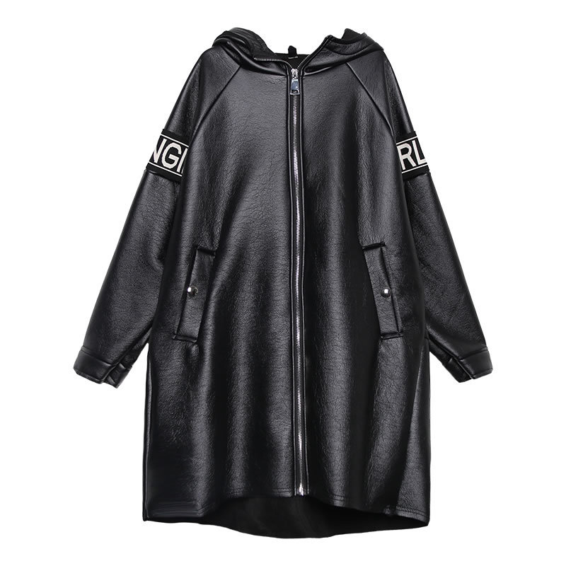 XITAO Letter Plus Size Faux Leather Women Fashion New Autumn Pocket Elegant Goddess Fan Hooded Collar Loose Coat ZLL4442 201226