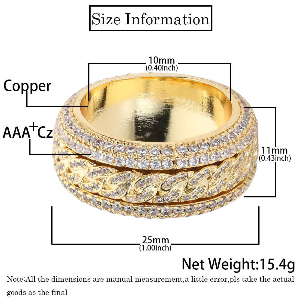 hiphop with side stones copper inlaid zircon rotatable cuban real gold electroplating hiphopring ring jewelry