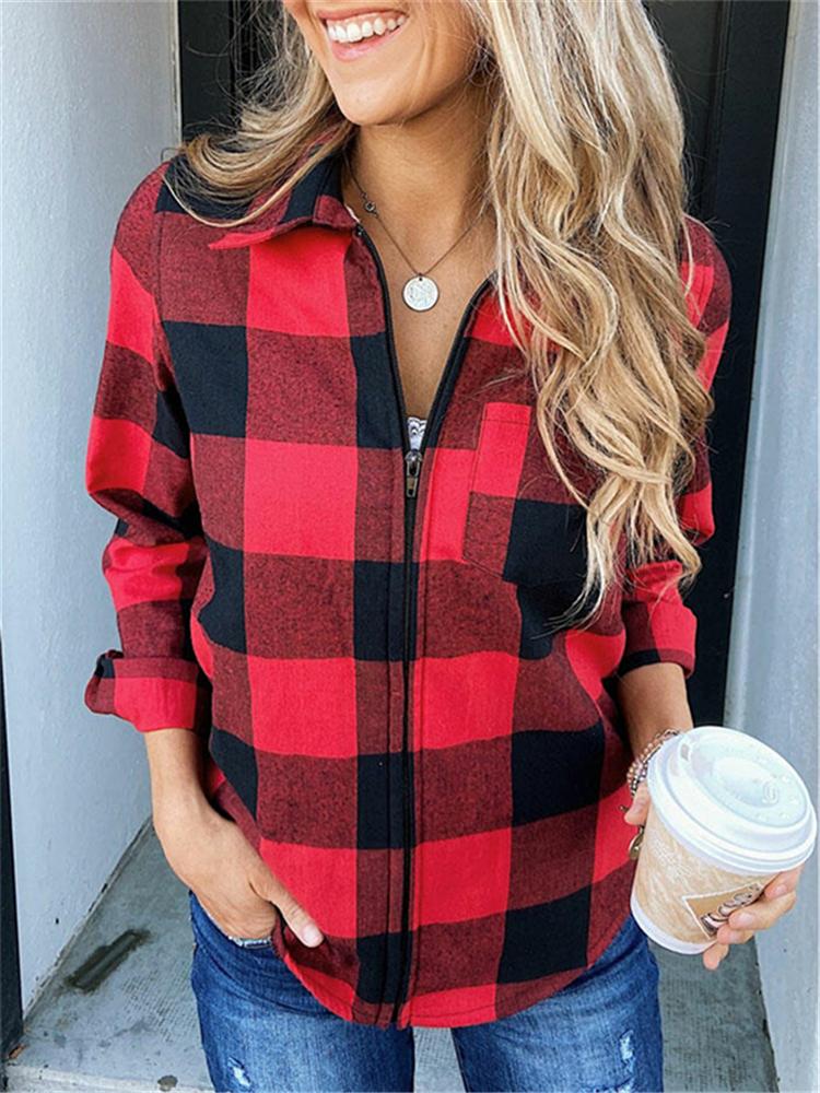 Red Plaid Coat Woman Pocket Zipper Jacket Casual Long Sleeve Top Fashion Turn-down Collar Coat Women Jacket mujer chaqueta