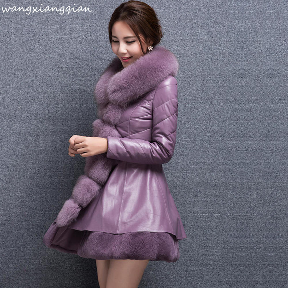 High Quality Faux Fox Fur Collar Sheepskin Leather Skirt Coat 90% White Goose Down Women Jacket Winter A575, Purple
High Quality Faux Fox Fur Collar Sheepskin Leather Skirt Coat 90% White Goose Down Women Jacket Winter A575, Purple