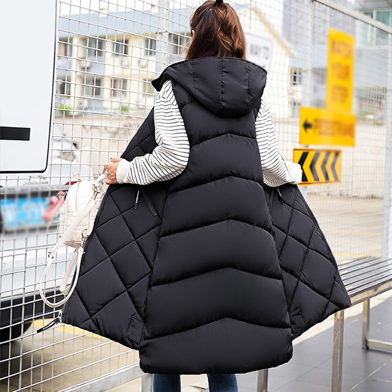 Autumn Winter Hooded Long Down Vests Women Solid Sleeveless Loose Mixi Waistcoat Female New Fashion Casual Warm Lady Coats 201102