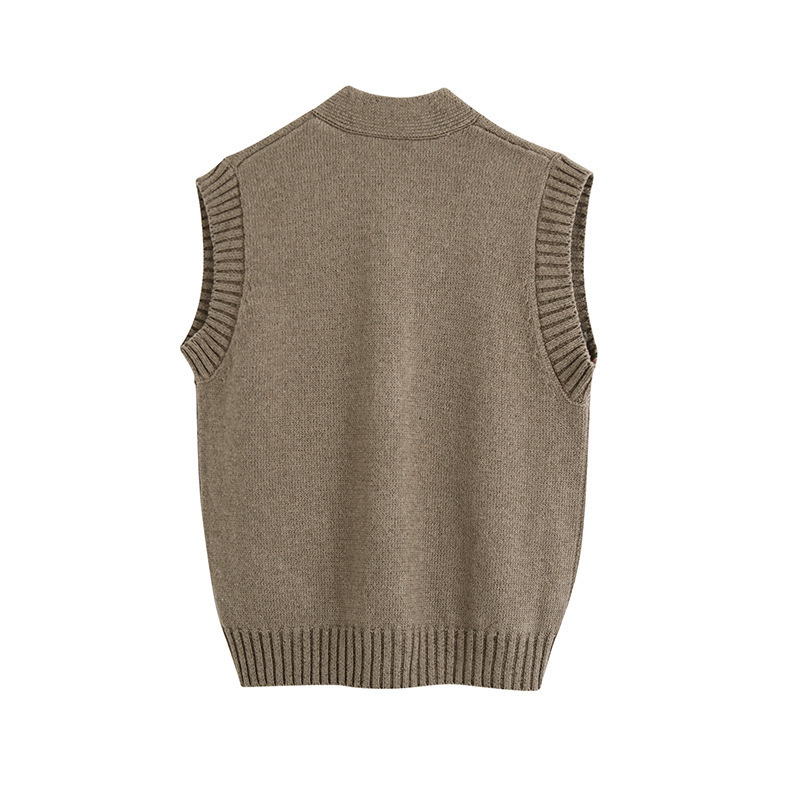 V Neck Sleeveless Vest Sweater Women Button Pockets Loose Jumper Knitted Casual Autumn Winter New Oversized Cardigans Tops 201128