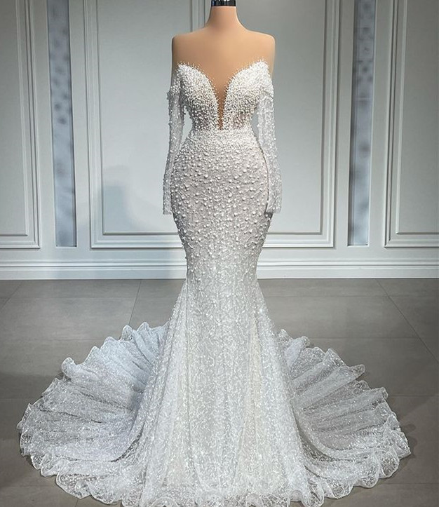 2025 Plus Size Aso Ebi Mermaid Wedding Dress with Beaded Pearls & Lace