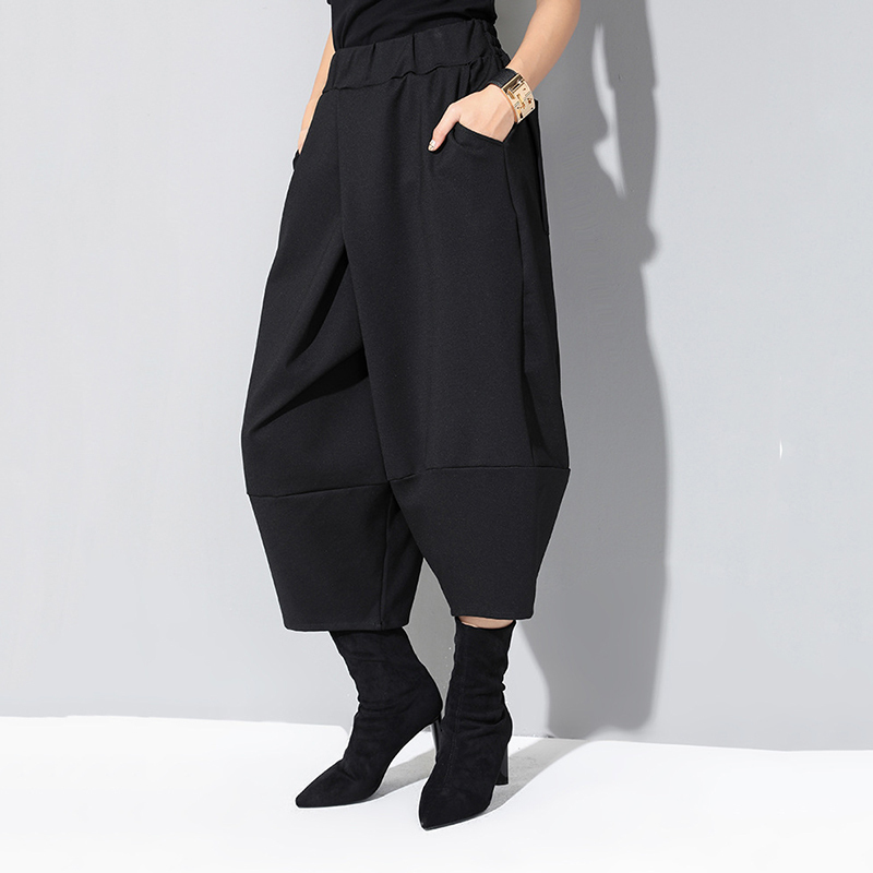 EAM Spring Autumn High Elastic Waist Black Loose Big Pocket Brief Loose Harem Pants Women Trousers Fashion JQ012 201228